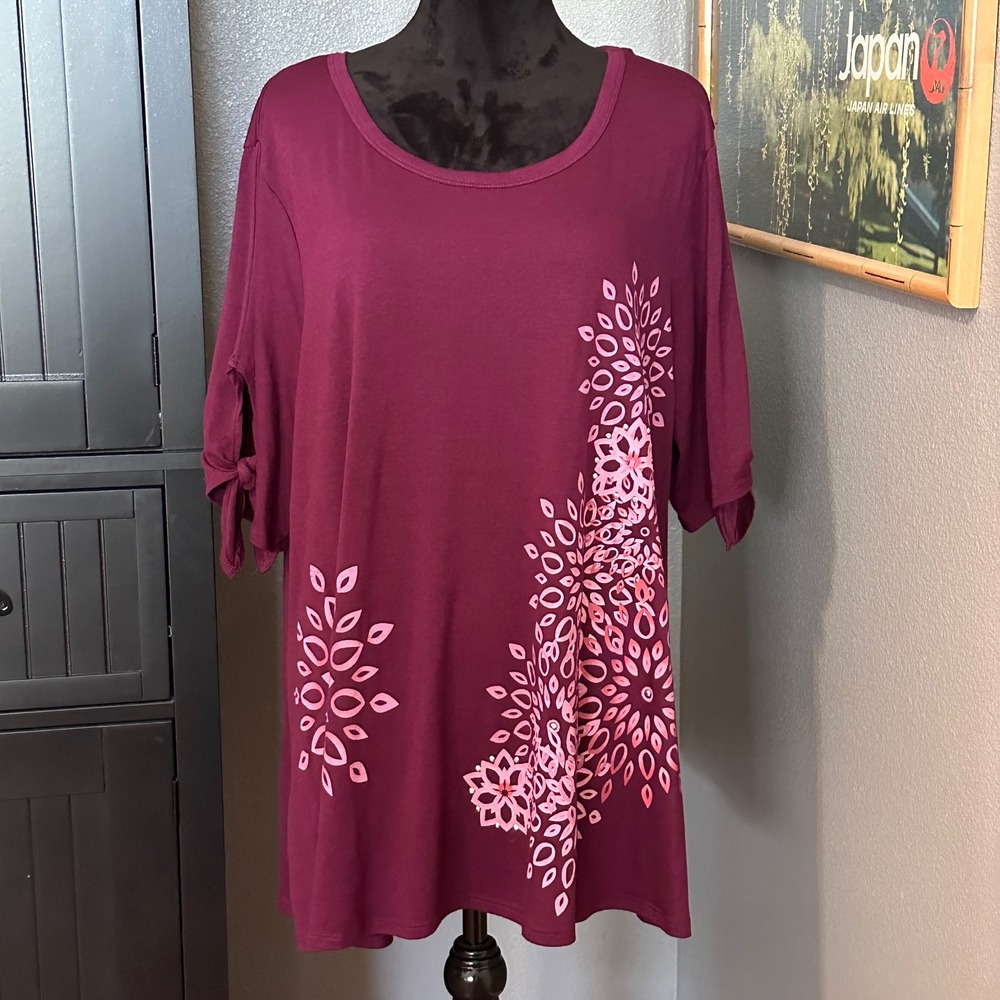 Terra & Sky 1X Purple‎ Beaded Floral Tunic Top Plus Size Boho Stretch Artsy